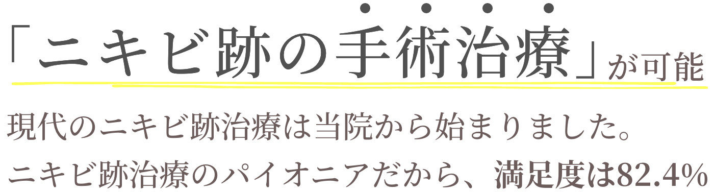 「ニキビ跡の手術治療」が可能。現代のニキビ跡治療は当院から始まりました。ニキビ跡治療のパイオニアだから、満足度は82.4%